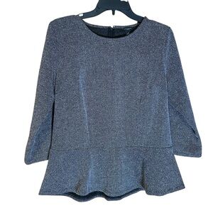 Ann Taylor Black White Herringbone‎ Peplum Top 3/4 Sleeve Medium Structured Knit